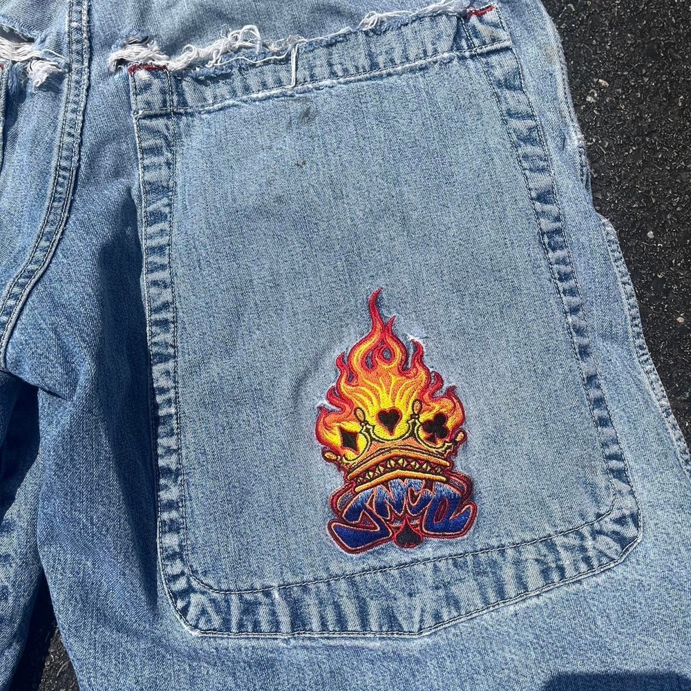 1990s JNCO Flaming Spade Wide Leg Blue Baggy Skater Jean Shorts size 34"